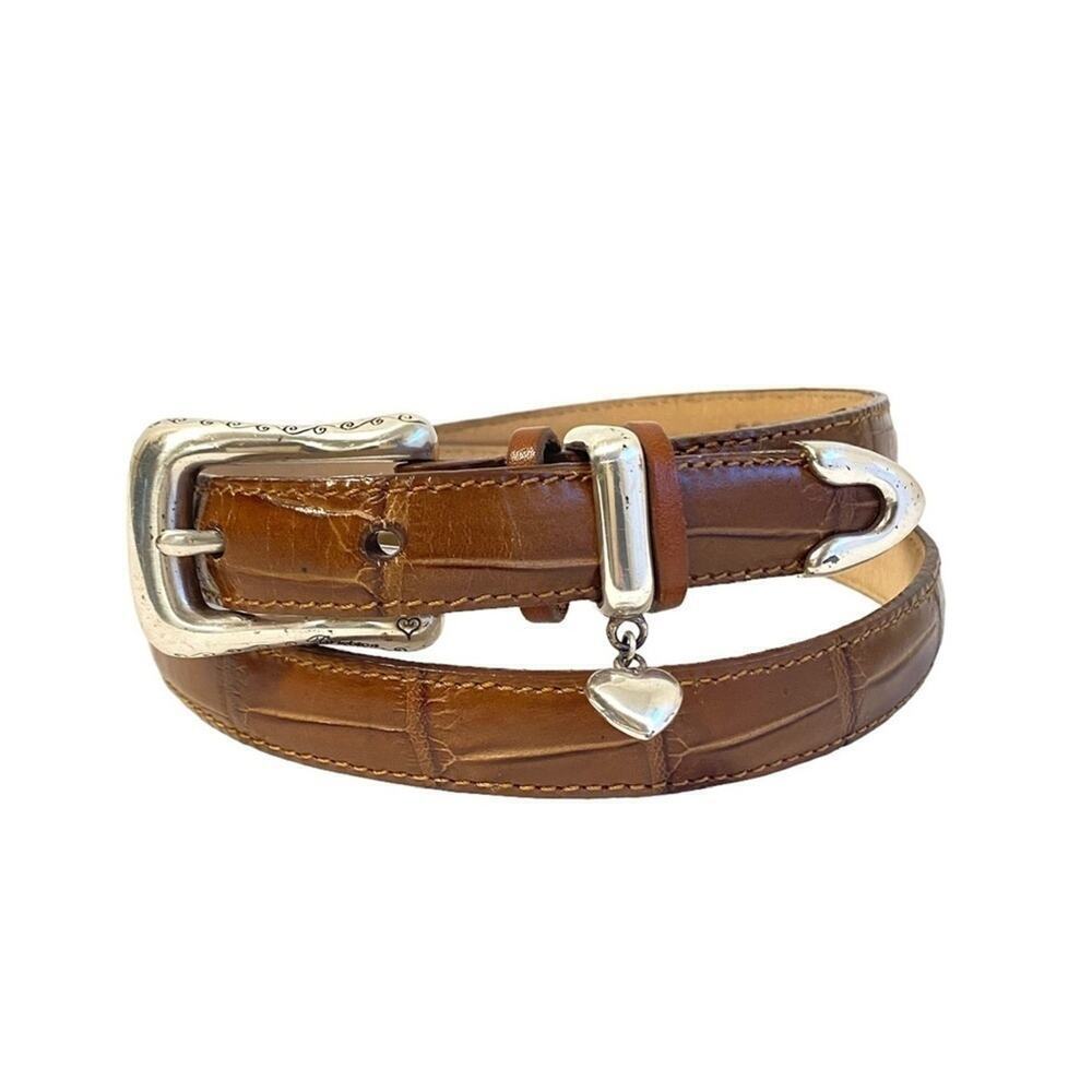 Brighton Brown Leather Belt Mock Croc Embossed Print Heart Charm‎ Womens Medium